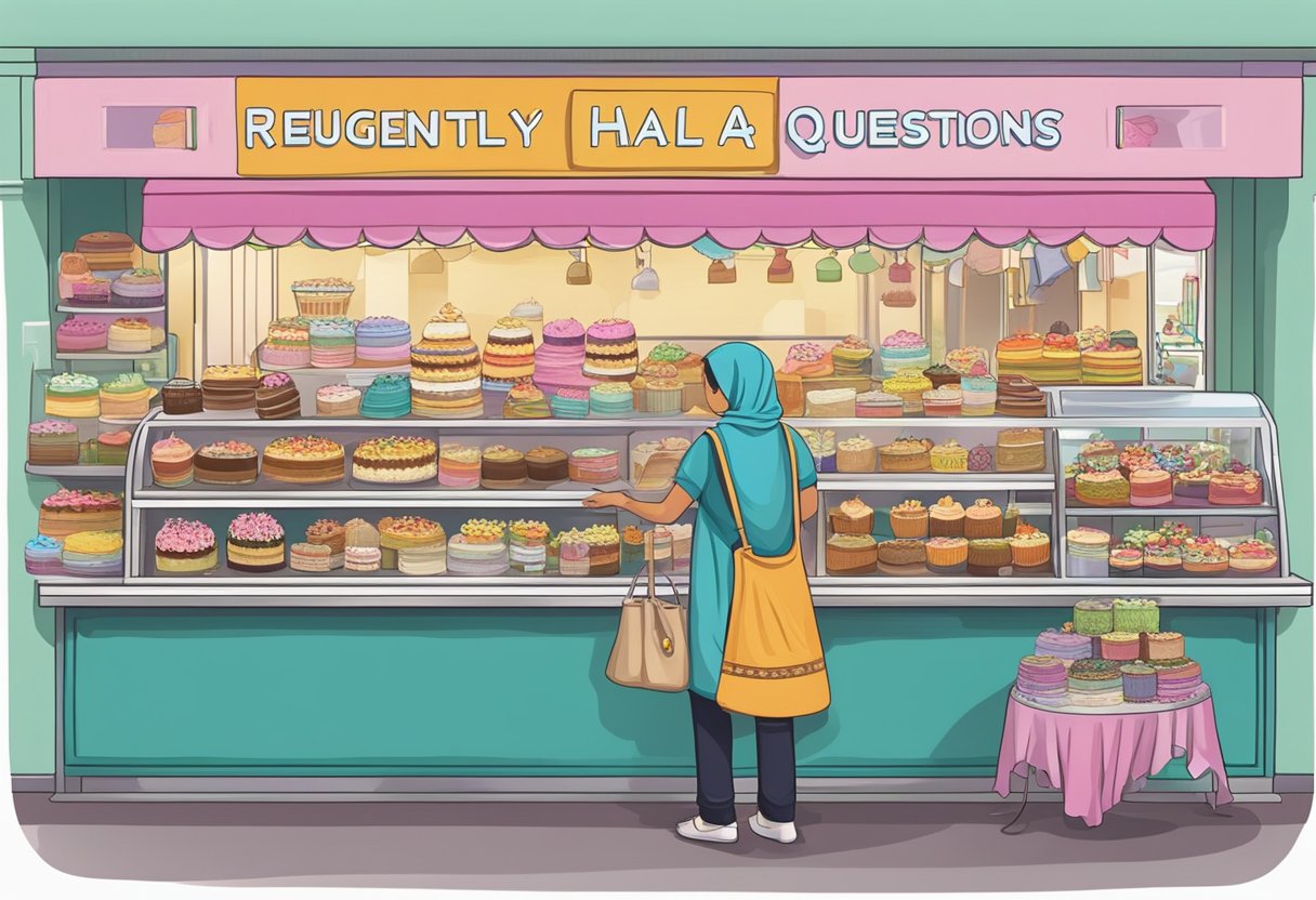 A bustling halal cake shop in Singapore with a display of colorful, intricately decorated cakes and a sign reading "Frequently Asked Questions."
