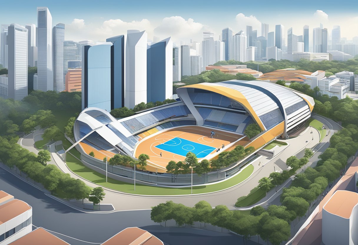 The Singapore Basketball Centre stands tall, with its sleek and modern design. The surrounding area is bustling with activity, as players and fans alike gather for a game