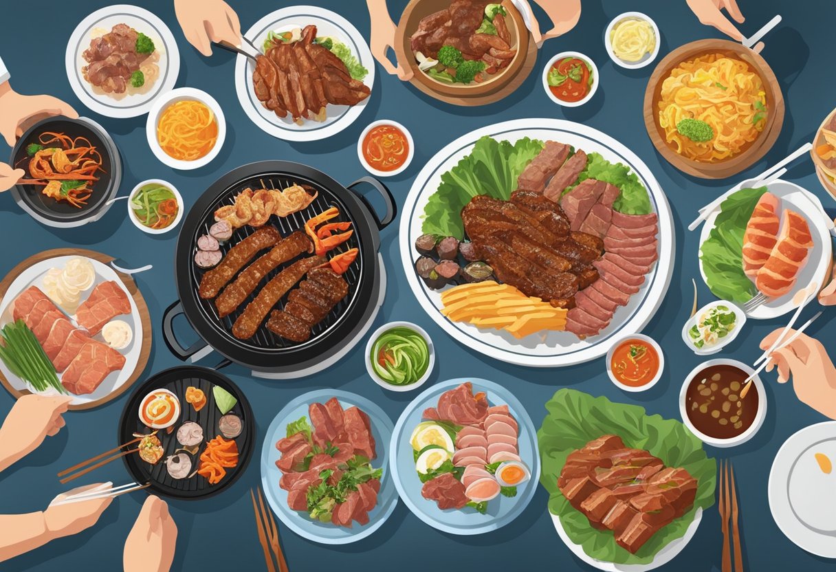 Diners savoring a wide array of sizzling meats and fresh side dishes at a lively Korean BBQ buffet in Singapore