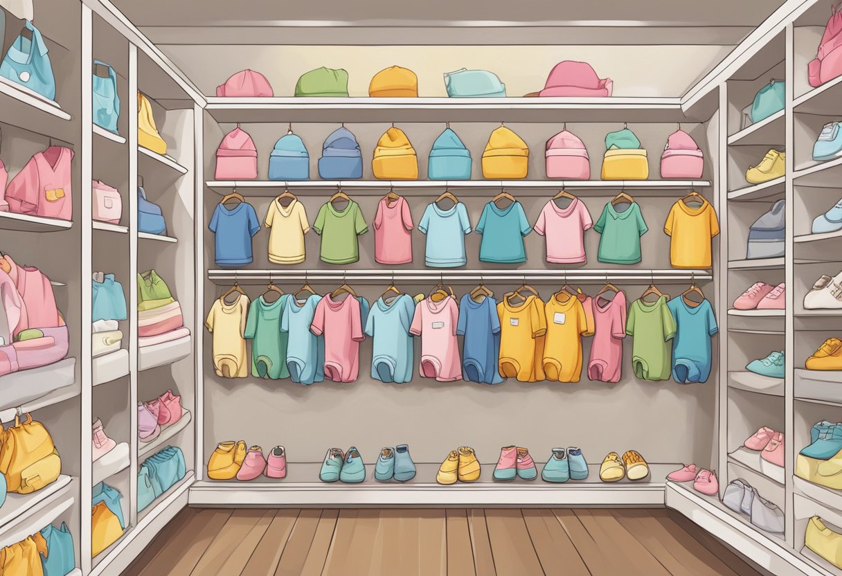 A colorful display of baby clothes arranged on shelves in a Singaporean boutique. Bright onesies, tiny socks, and adorable rompers are neatly organized, creating an inviting and charming scene for shoppers