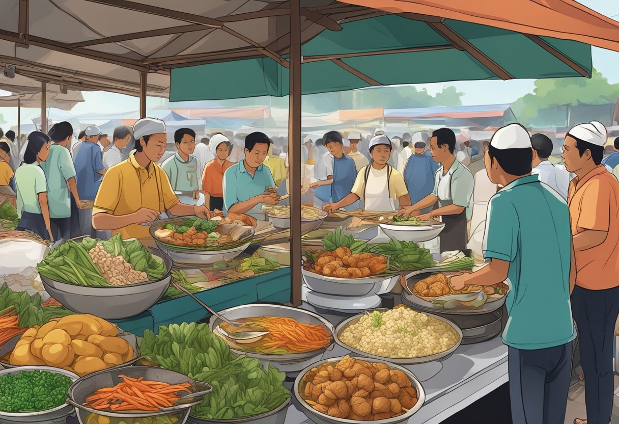 A bustling Indonesian food market in Singapore, with vendors serving up traditional dishes and customers asking questions about the cuisine