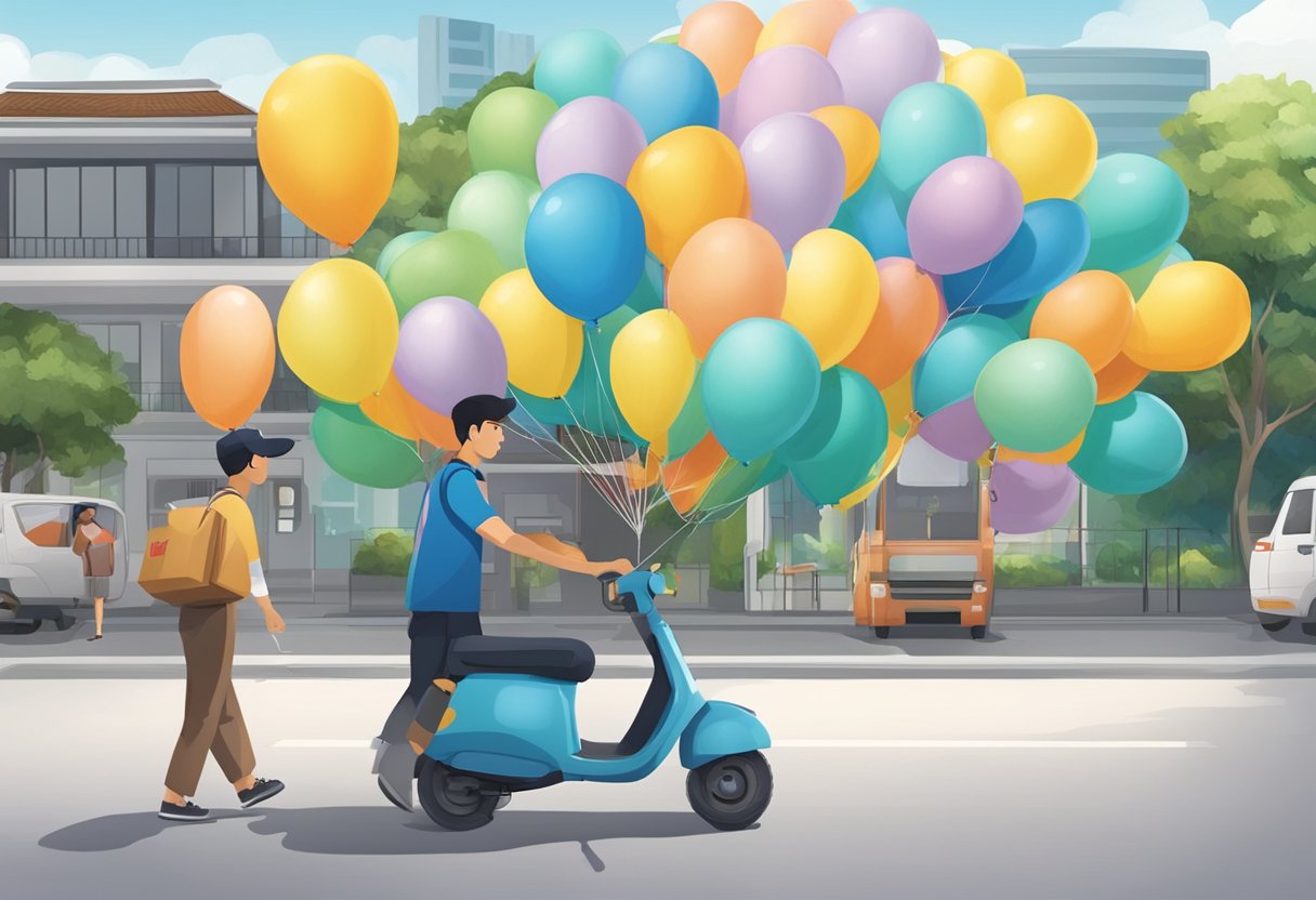 A customer selects helium balloons from a display while a delivery person prepares to transport them in Singapore