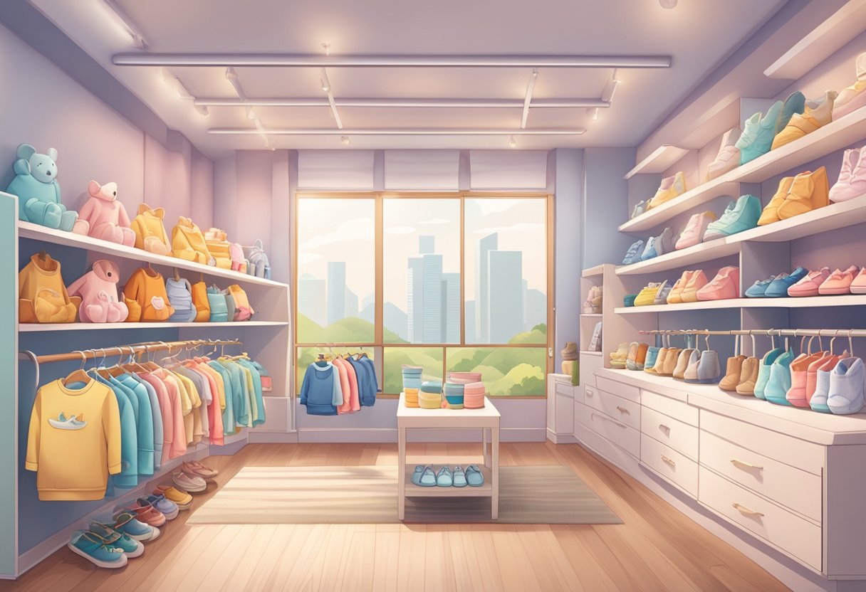 A colorful display of baby clothes in a modern Singaporean boutique. Brightly lit shelves showcase adorable onesies, tiny shoes, and soft blankets