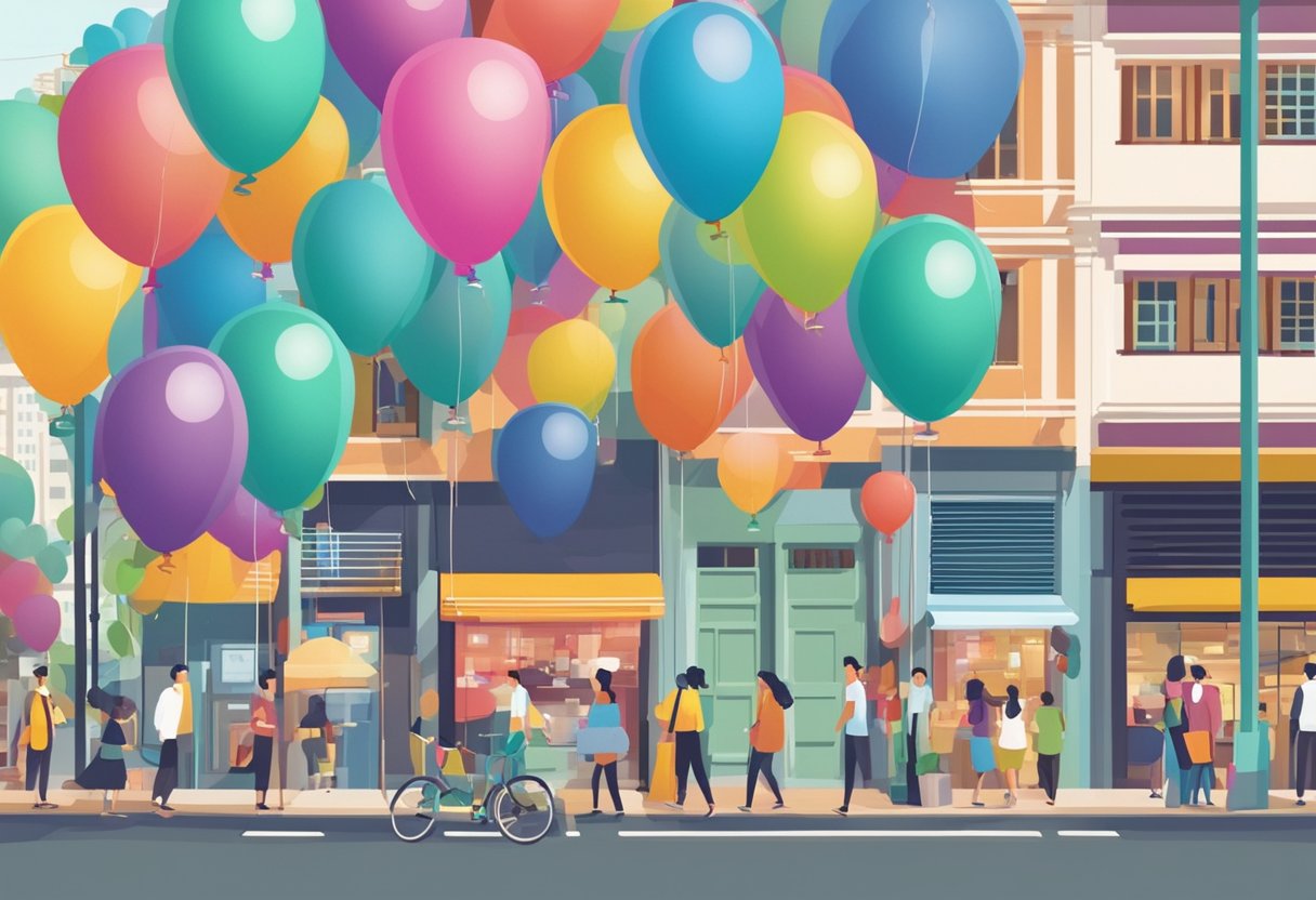 Colorful helium balloons floating above a bustling Singapore street, with a sign reading "Frequently Asked Questions" in bold letters
