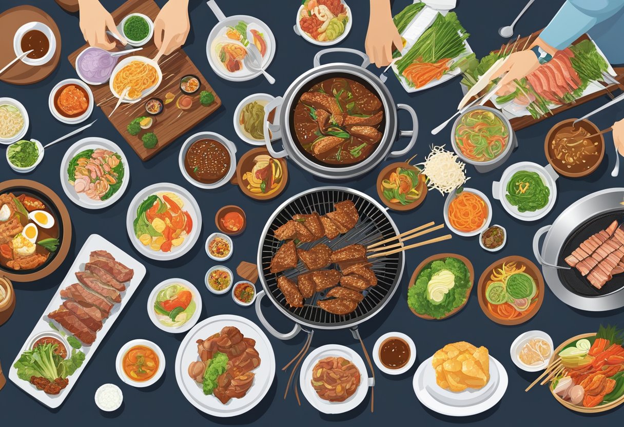 A bustling Korean BBQ buffet in Singapore, with sizzling grills, colorful banchan dishes, and diners enjoying the interactive dining experience