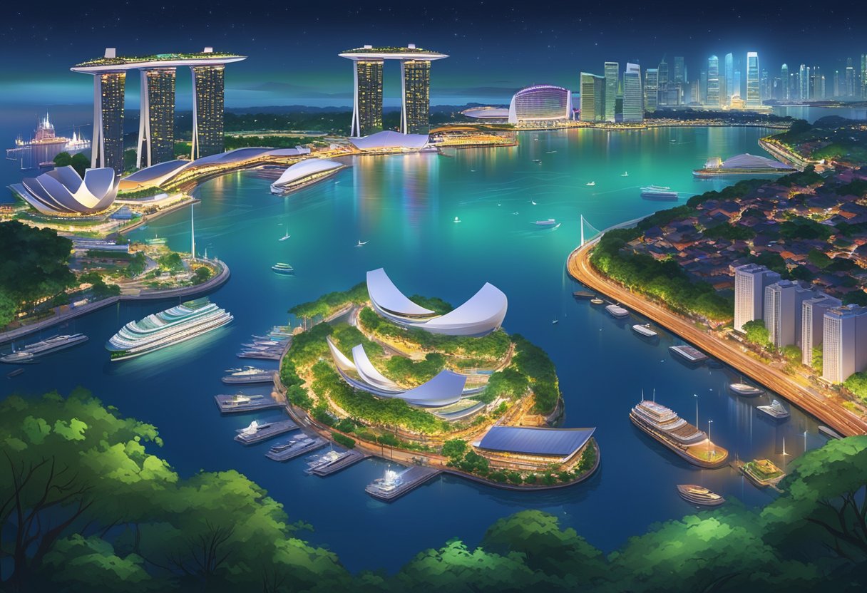 Singapore island: lush greenery, iconic skyline, bustling harbor, diverse architecture, and vibrant city lights at night