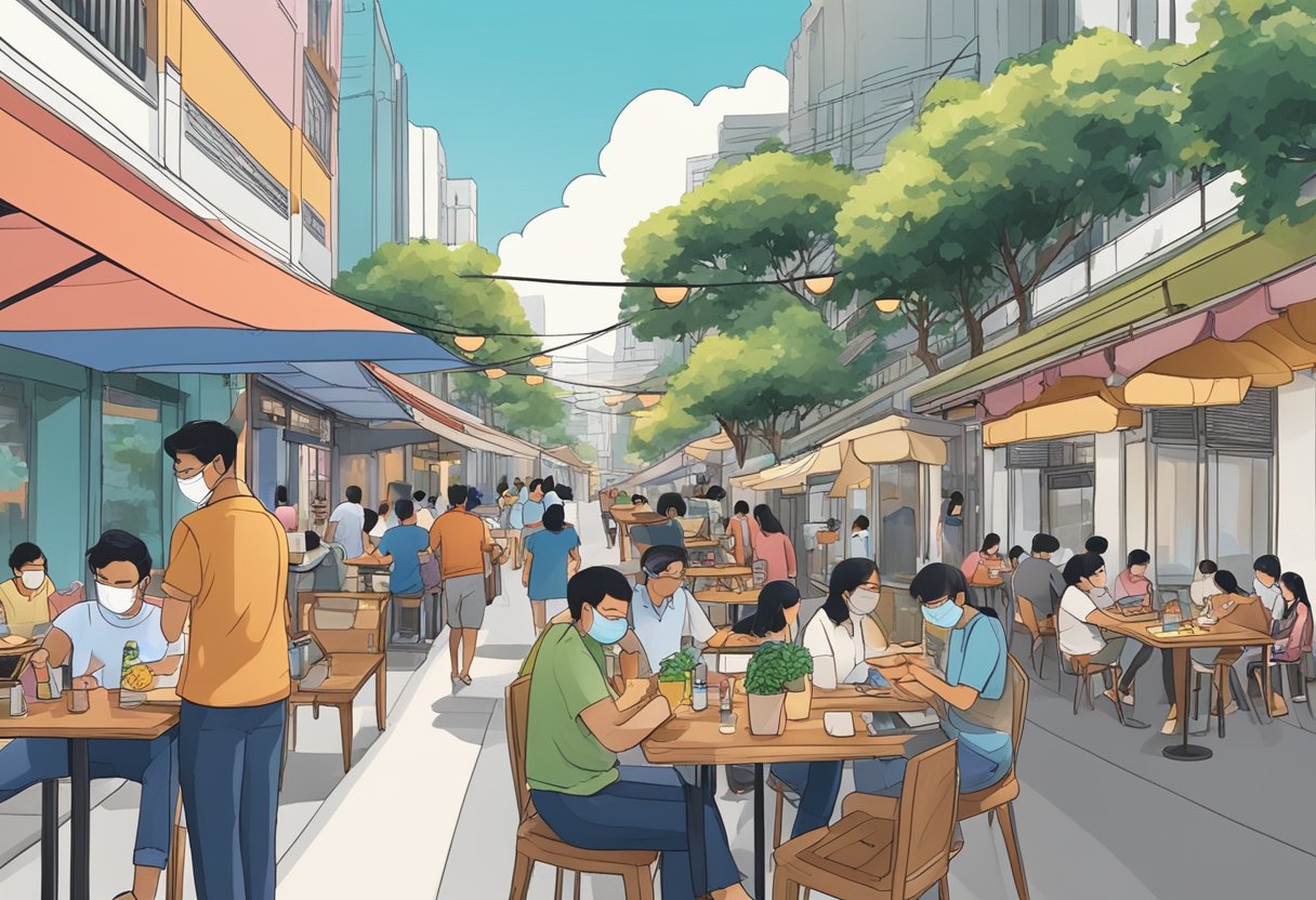 A bustling street in Singapore during phase 3, with people dining at outdoor tables, wearing masks, and maintaining social distance