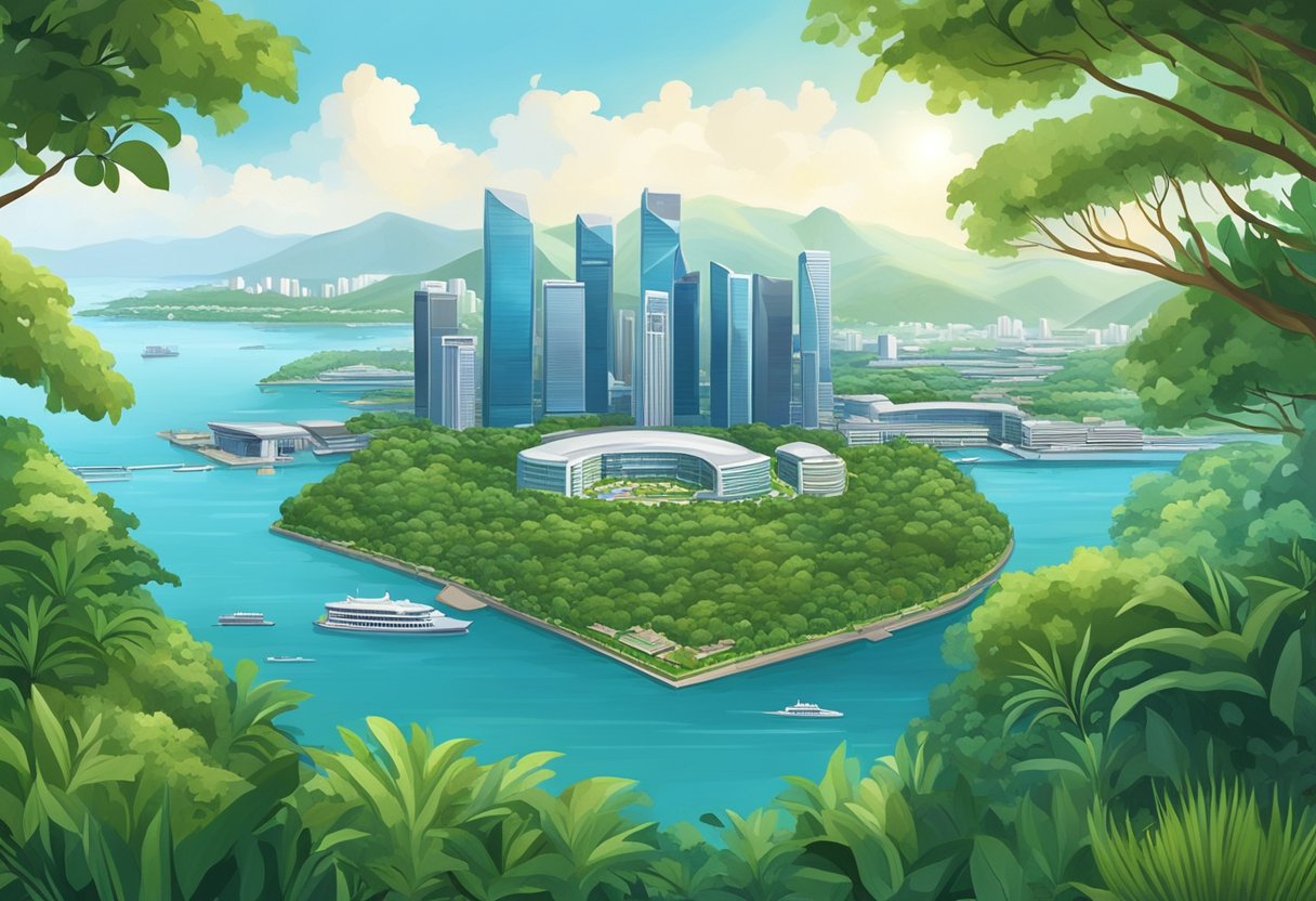 Lush greenery covers Singapore island under a tropical climate. Skyscrapers dot the skyline, surrounded by blue waters