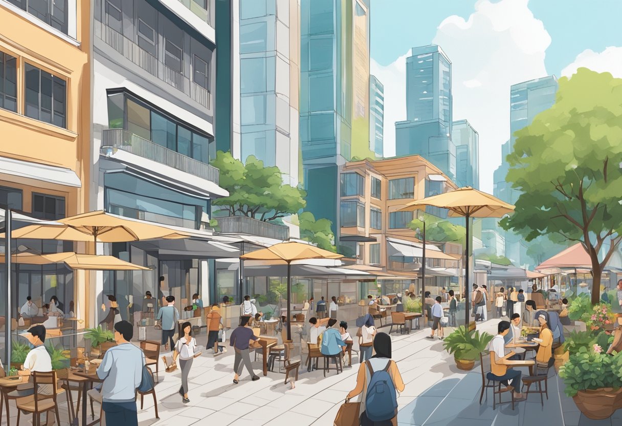 A bustling cityscape in Singapore during Phase 3, with people enjoying outdoor activities, dining at restaurants, and socializing in public spaces