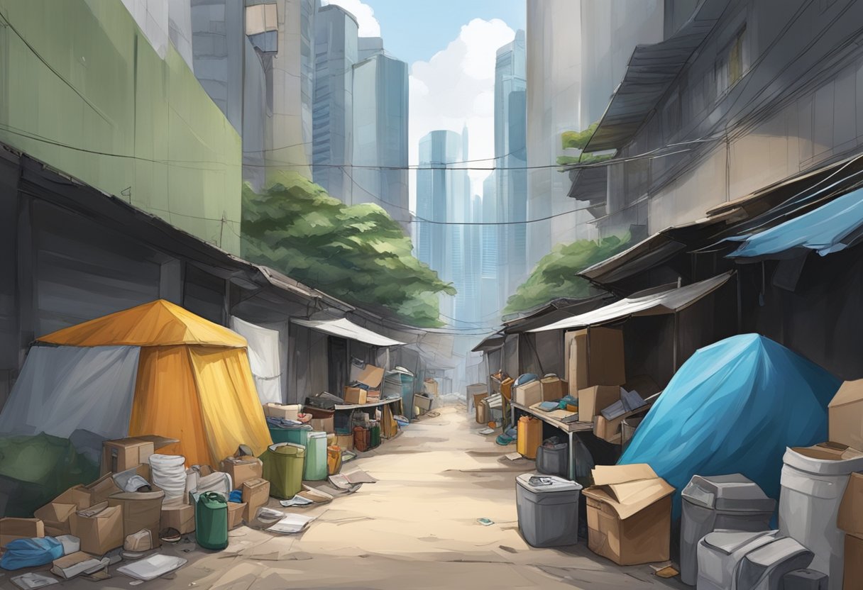 A cluttered alleyway with makeshift shelters and discarded belongings, overlooked by towering skyscrapers in Singapore