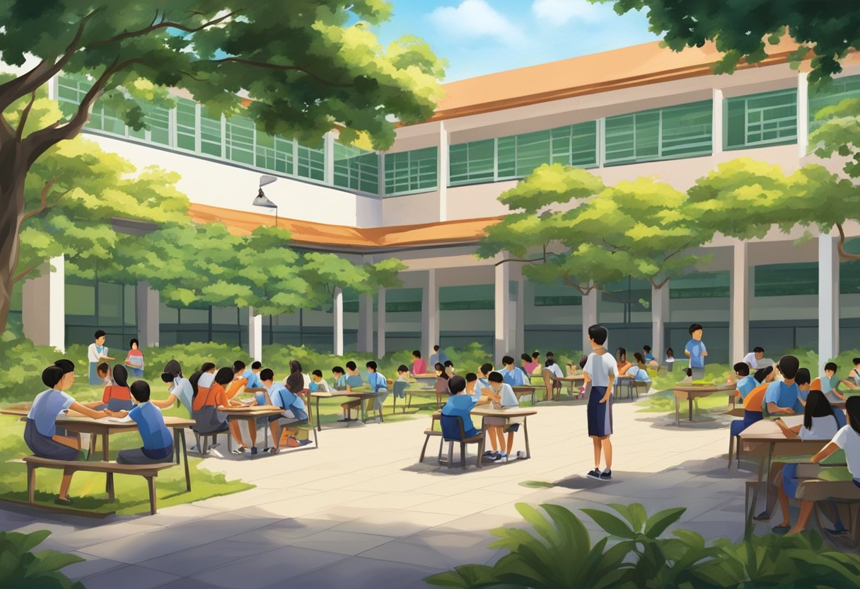 A bustling Singapore secondary school courtyard with students chatting, playing sports, and studying under the shade of lush trees