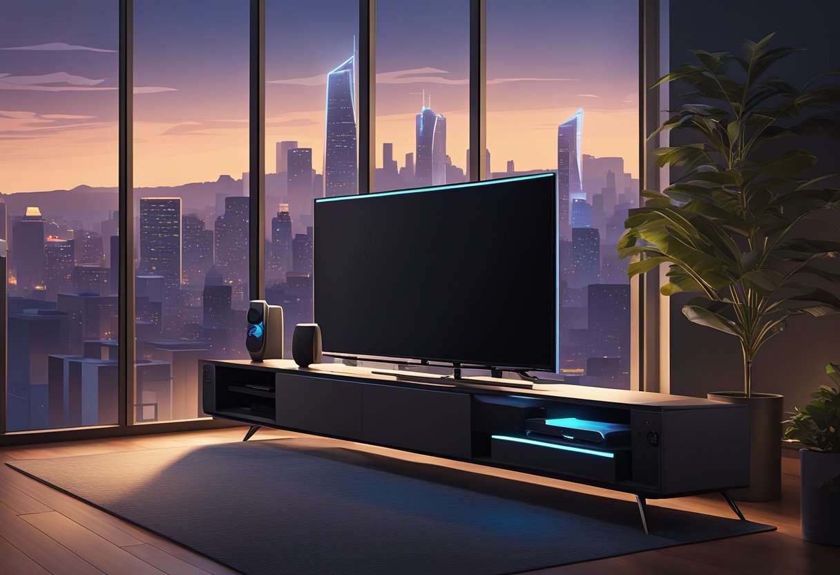 A PS5 console sitting on a sleek modern entertainment center in a dimly lit room with a city skyline visible through the window