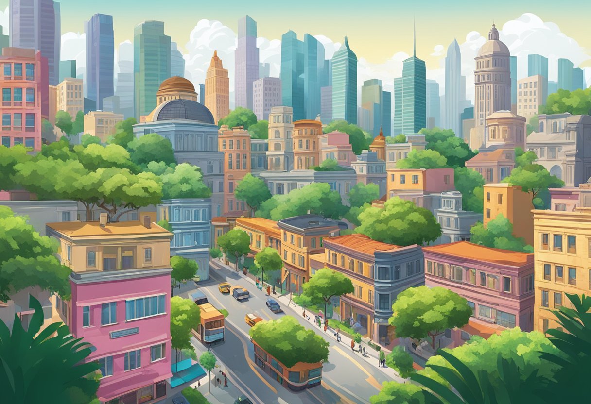 A bustling cityscape with diverse architecture, lush greenery, and iconic landmarks, set against a backdrop of a vibrant and bustling urban environment