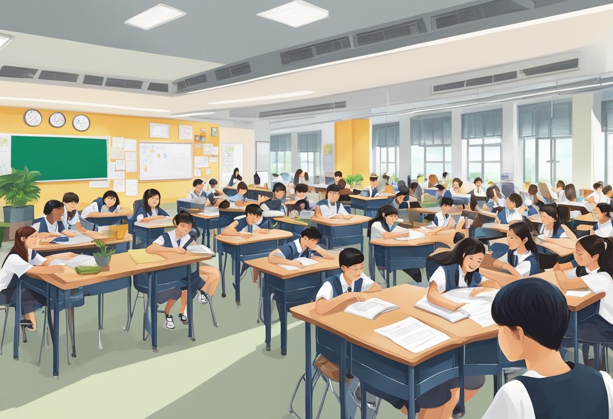 A bustling Singapore secondary school with students studying, engaging in group discussions, and participating in extracurricular activities