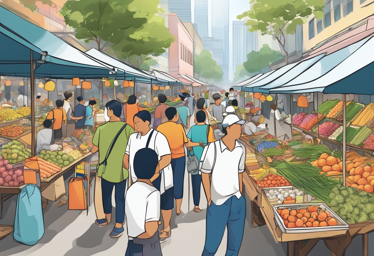 A bustling outdoor market in Singapore, with vendors selling goods and customers browsing while adhering to sector-specific guidelines for phase 3