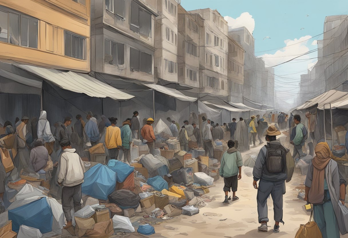 A crowded urban street with makeshift shelters, scattered belongings, and people in tattered clothing