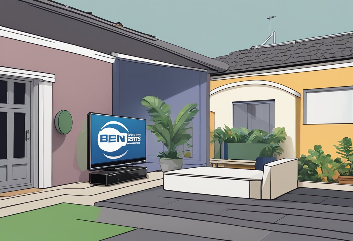 A television screen displaying the BeIN Sports logo, with a remote control nearby, and a satellite dish outside a Singaporean home