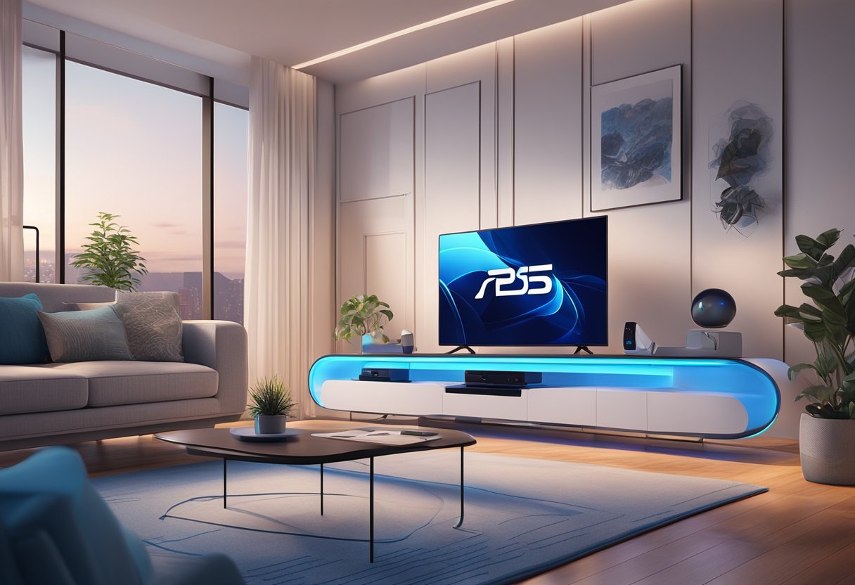 The PS5 console sits on a sleek, modern entertainment unit, glowing with a soft blue light. Its futuristic design and advanced technology are emphasized by the surrounding high-tech accessories and peripherals