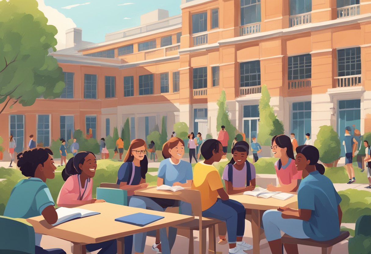 Students gather in a bustling school courtyard, chatting and laughing. A counselor offers support to a student, while others study and play sports nearby