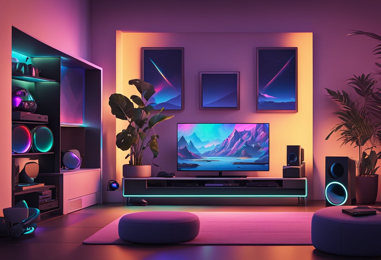 A sleek PS5 console sits on a modern entertainment center, surrounded by gaming peripherals and a high-definition TV. The room is dimly lit, with colorful LED lights adding ambiance to the gaming setup