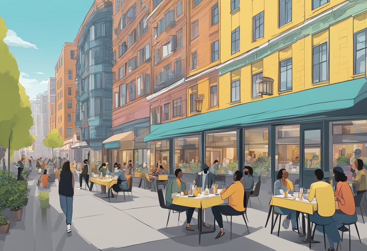 A bustling city street with people dining outdoors, wearing masks. Signs display "Phase 3" guidelines. Bright, modern architecture in the background
