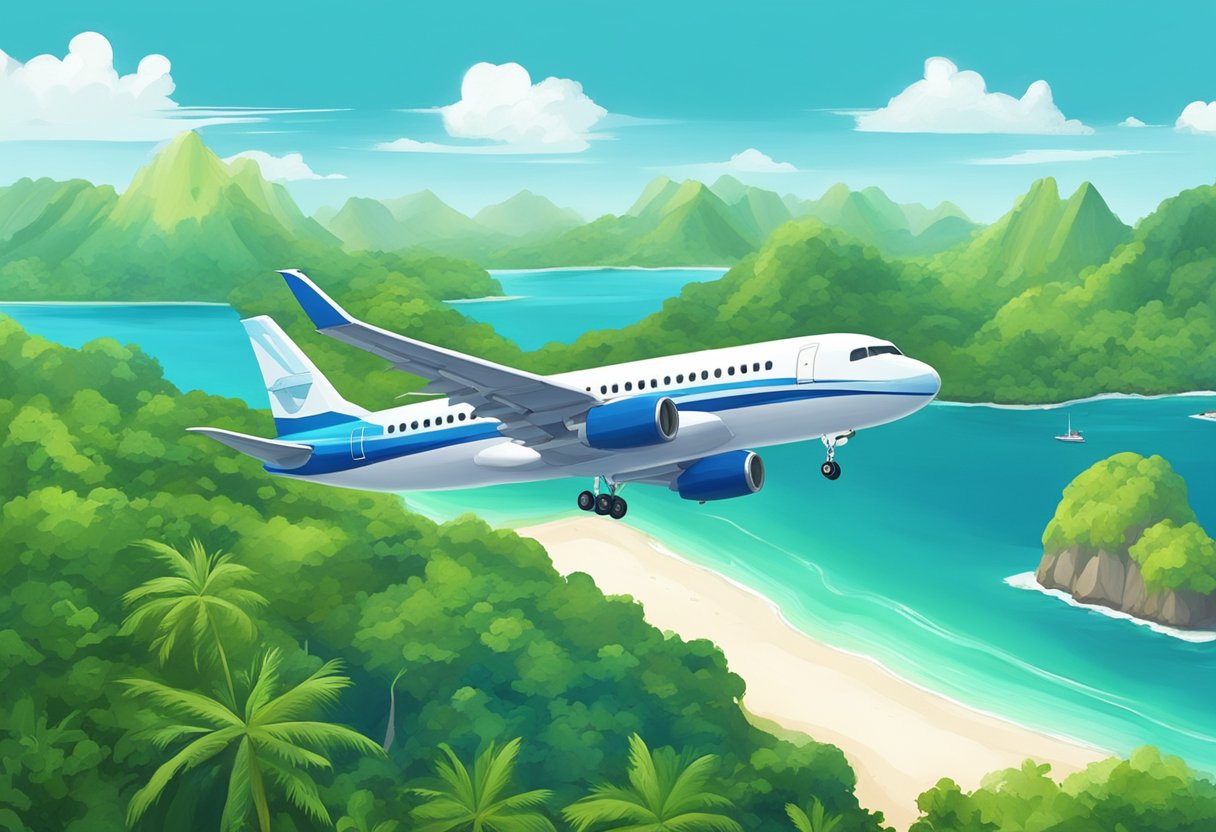 A plane flies over lush green islands from Singapore to Krabi. Blue waters and white sandy beaches stretch along the coastline