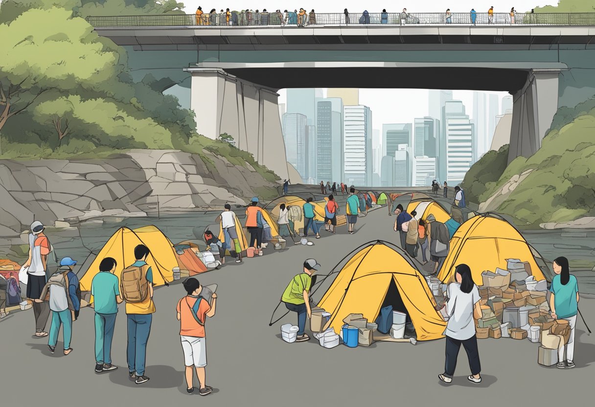 People living in tents under a bridge, surrounded by litter. Volunteers handing out food and supplies. A sign reads "Homeless in Singapore."