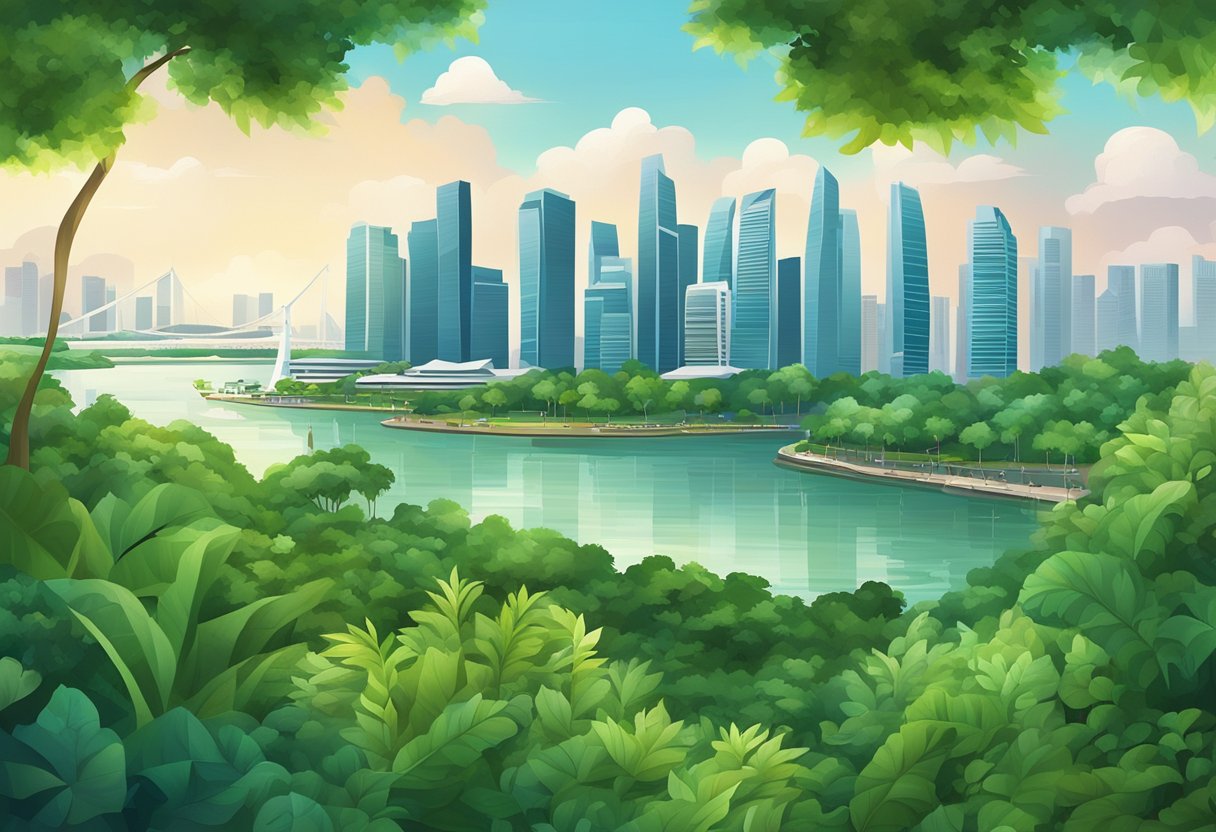 A bustling city skyline against a backdrop of lush greenery on Singapore Island