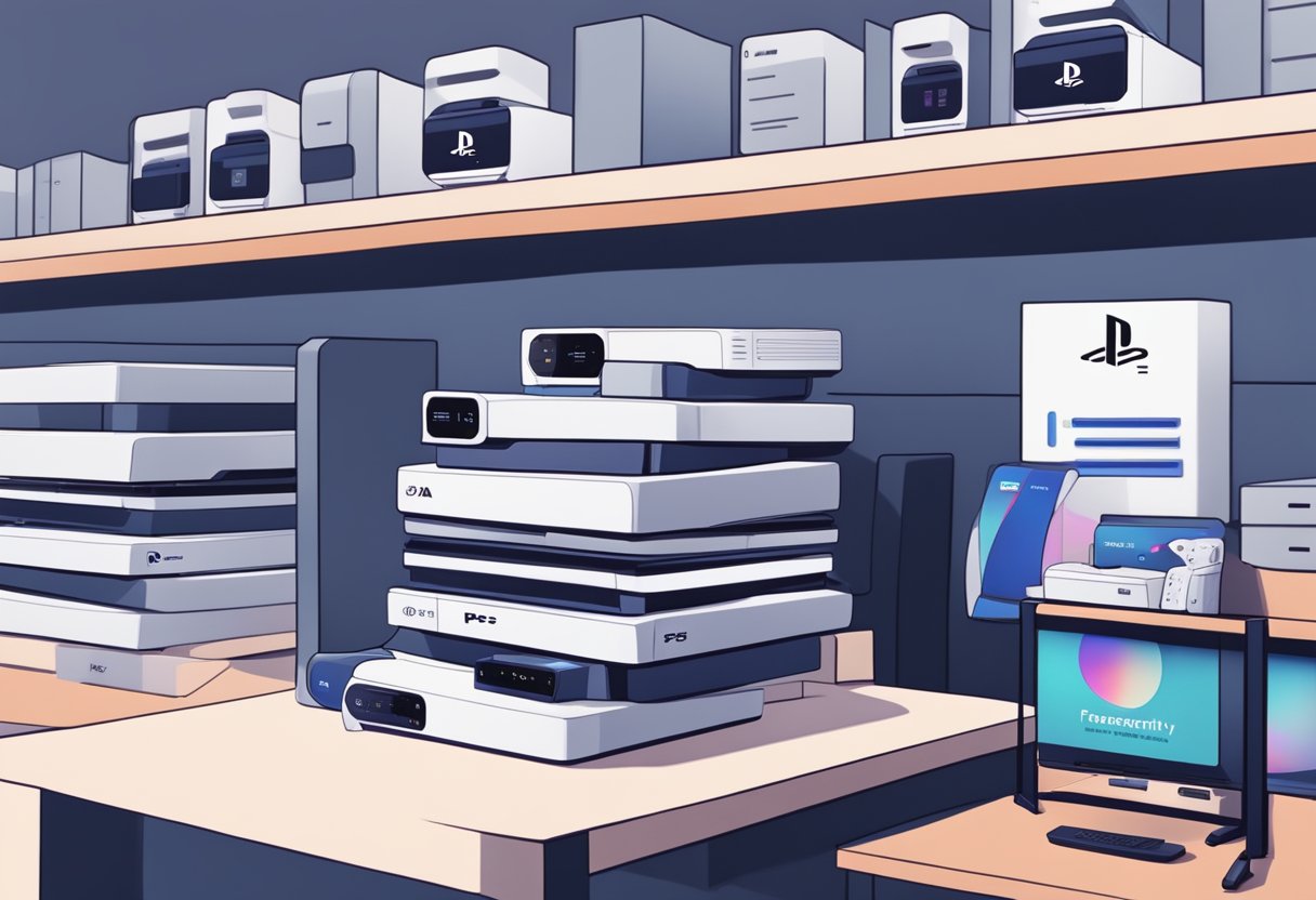 A stack of PS5 consoles with a "Frequently Asked Questions" sign in a Singaporean retail store