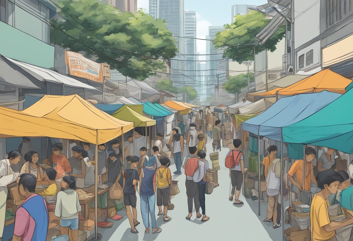 A crowded urban street with makeshift shelters, people in need, and signs displaying "Frequently Asked Questions: Homelessness in Singapore."