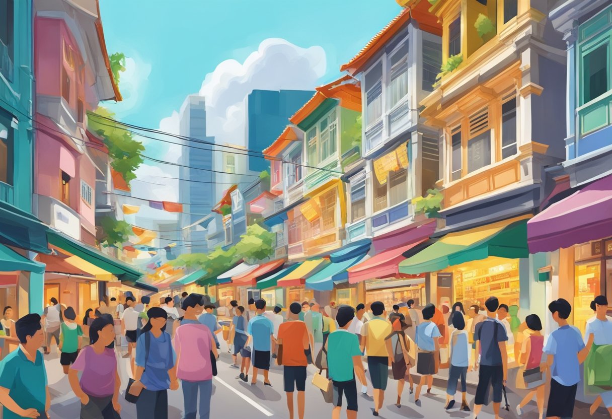 A bustling street in Singapore, with colorful shopfronts and bustling activity, capturing the vibrant energy of Huat Kee