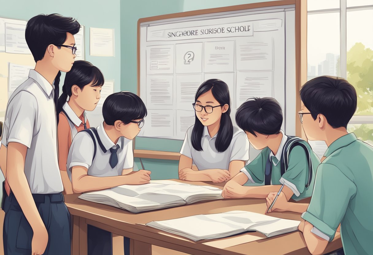 A group of students gather around a notice board, reading and discussing frequently asked questions about Singapore secondary school