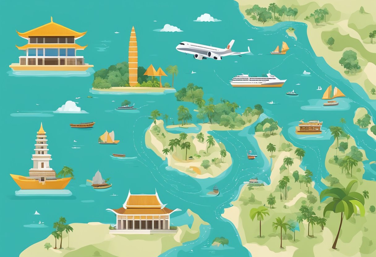 A map of Singapore and Krabi with travel essentials scattered around