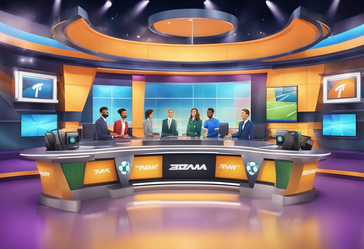 A vibrant sports broadcast studio with logo backdrop and lively on-air personalities