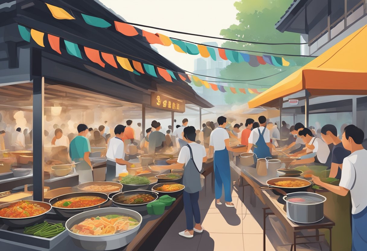 A bustling hawker center with steaming pots, sizzling woks, and colorful ingredients. Customers eagerly line up for the famous dishes at Huat Kee in Singapore