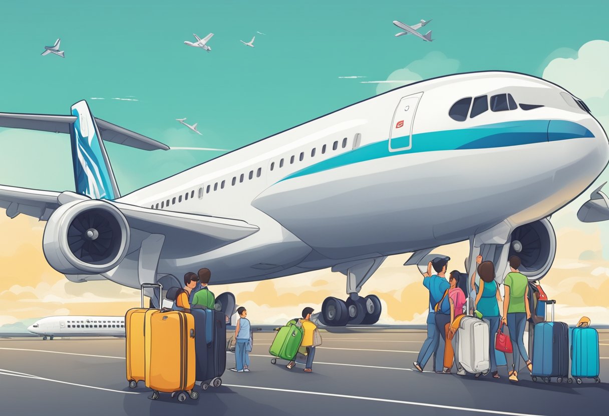 Passengers boarding a plane at Singapore airport, with luggage in hand and excitement in the air, ready to embark on their journey to Krabi