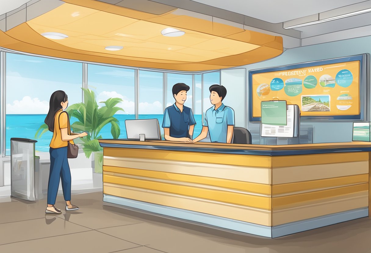 A signboard with "Frequently Asked Questions: Singapore to Krabi" at a travel agency counter