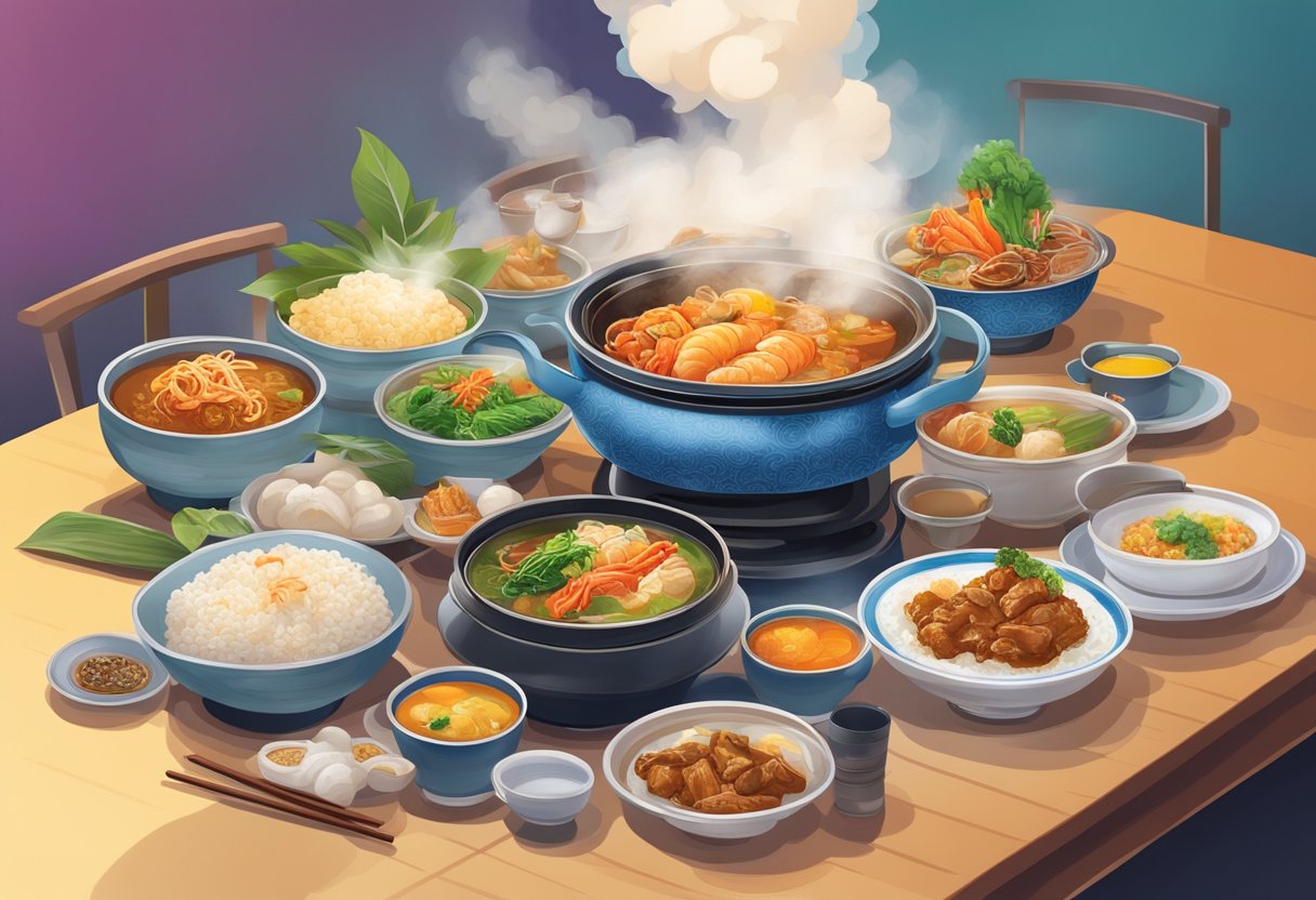 A table set with traditional Singaporean dishes at Huat Kee restaurant. Vibrant colors and steam rising from the food