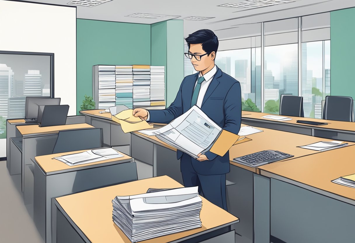 A person submitting documents at a government office for PR application in Singapore