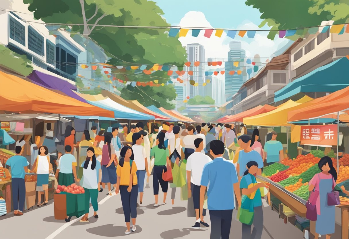 A bustling street market in Singapore with a prominent sign reading "Frequently Asked Questions Huat Kee." Colorful stalls and busy shoppers create a lively atmosphere