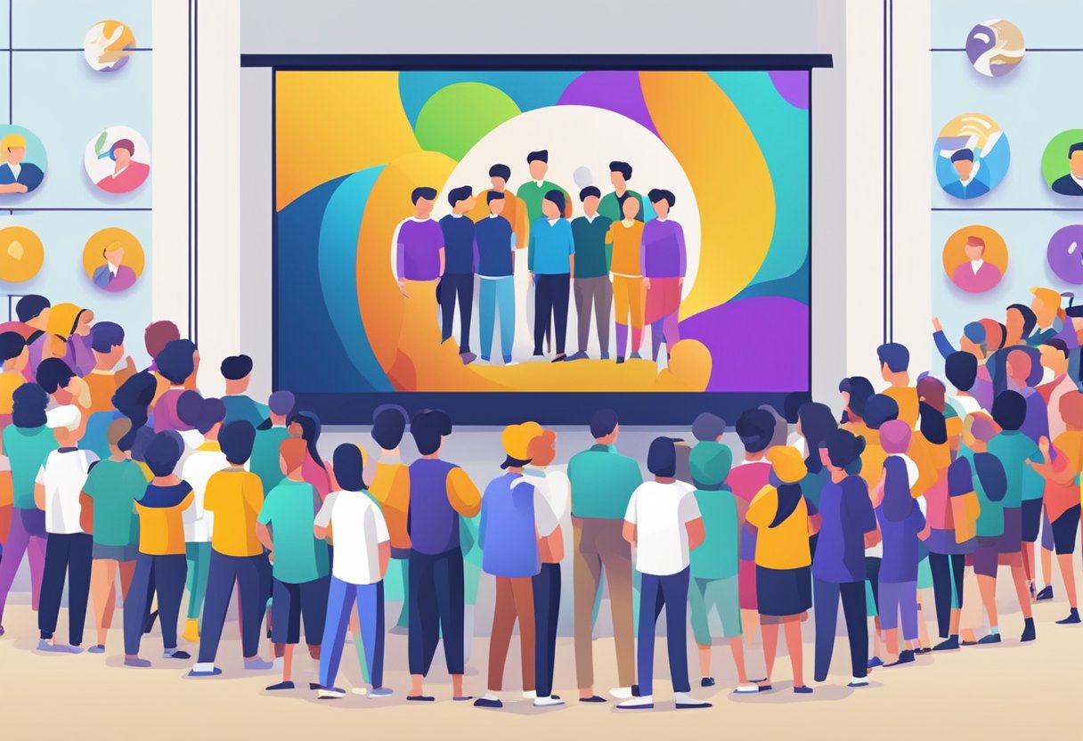 A crowd of people standing in front of a large screen displaying the "Frequently Asked Questions" for beIN Sports Singapore