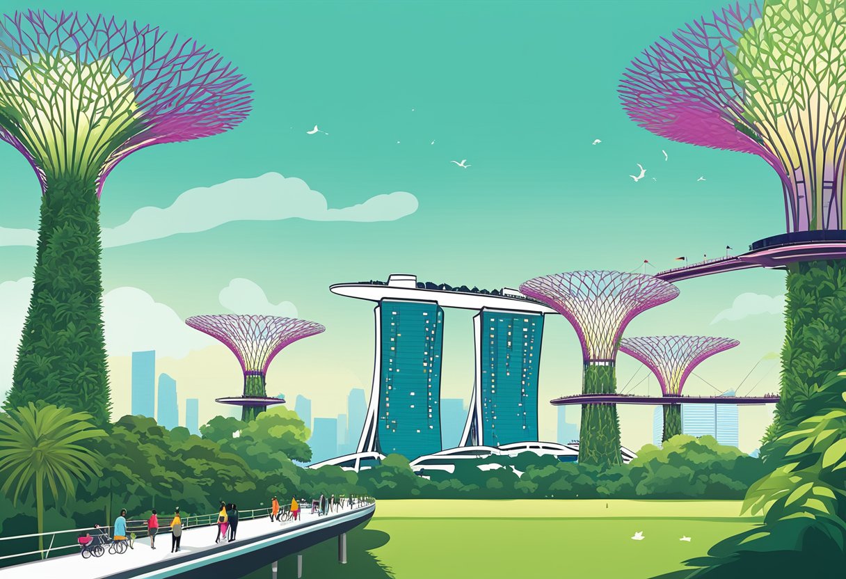The iconic Marina Bay Sands hotel and the futuristic Supertree Grove at Gardens by the Bay, with the Singapore Flyer in the background
