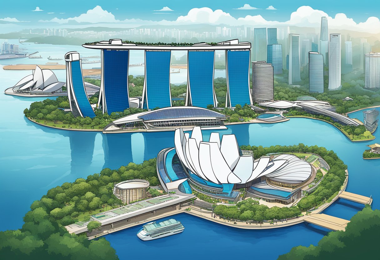 The vibrant Indigo Singapore hotel stands in the foreground, with iconic local attractions such as the Marina Bay Sands and Gardens by the Bay visible in the background