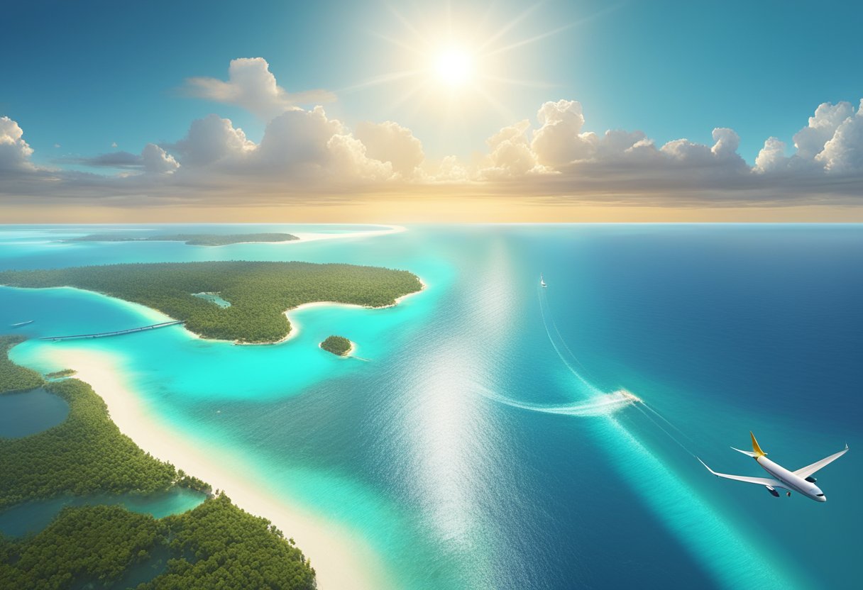 A plane flies over the turquoise waters of the Indian Ocean from Singapore to the Maldives. The sun glistens on the water, creating a stunning view from above