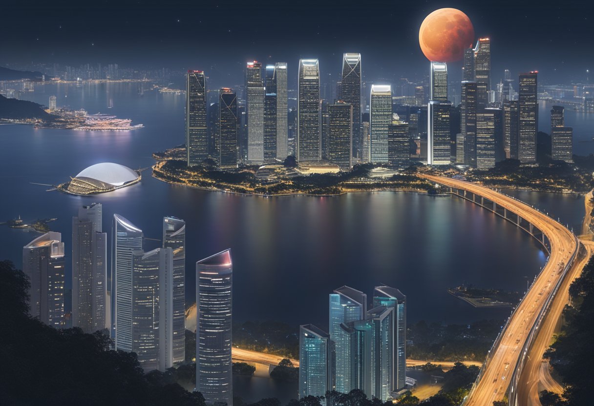 The blood moon casts an eerie glow over the skyline of Singapore during a total lunar eclipse