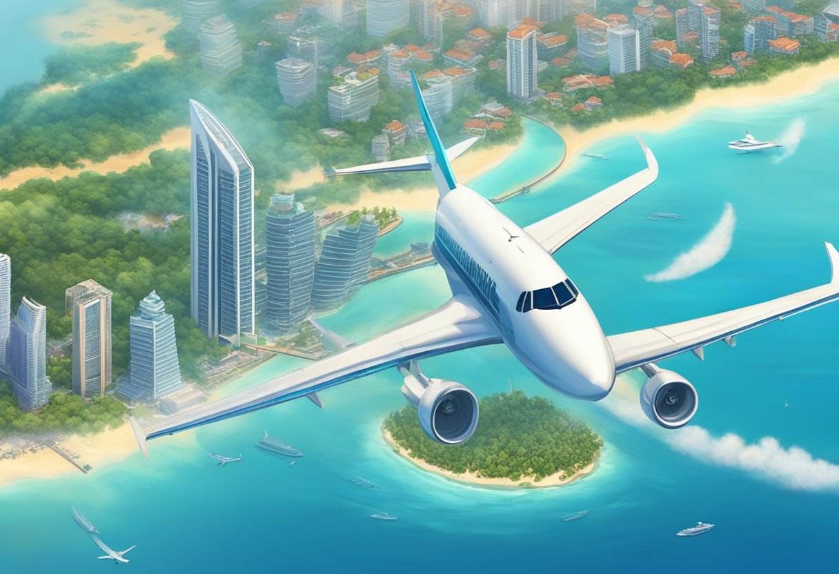 A plane takes off from the bustling city of Singapore, soaring over the glistening blue waters of the Indian Ocean towards the idyllic paradise of the Maldives