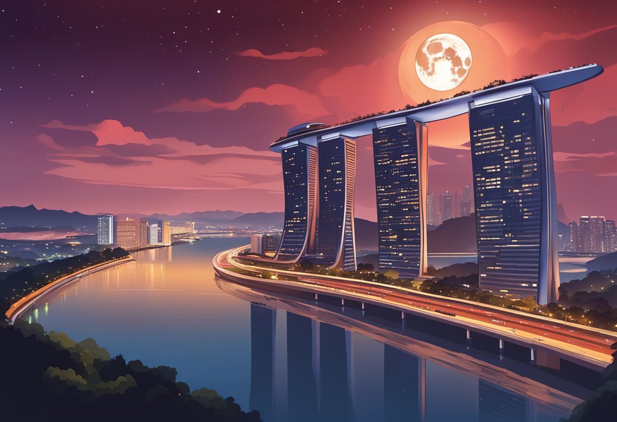 The night sky over Singapore is illuminated by a deep red glow as the moon passes through the Earth's shadow, creating a stunning blood moon total lunar eclipse