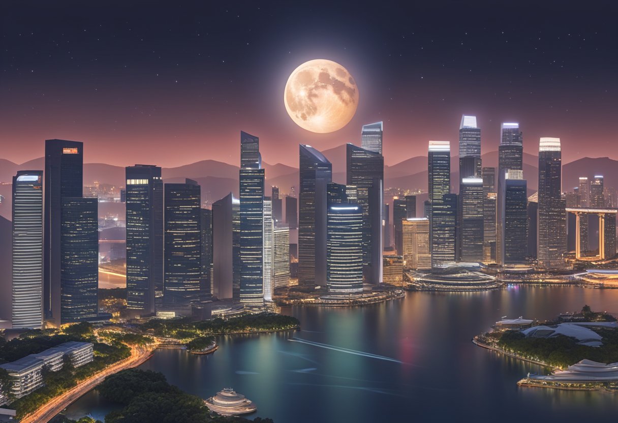 The moon casts a deep red glow over the Singapore skyline during the total lunar eclipse, creating a mesmerizing and otherworldly sight