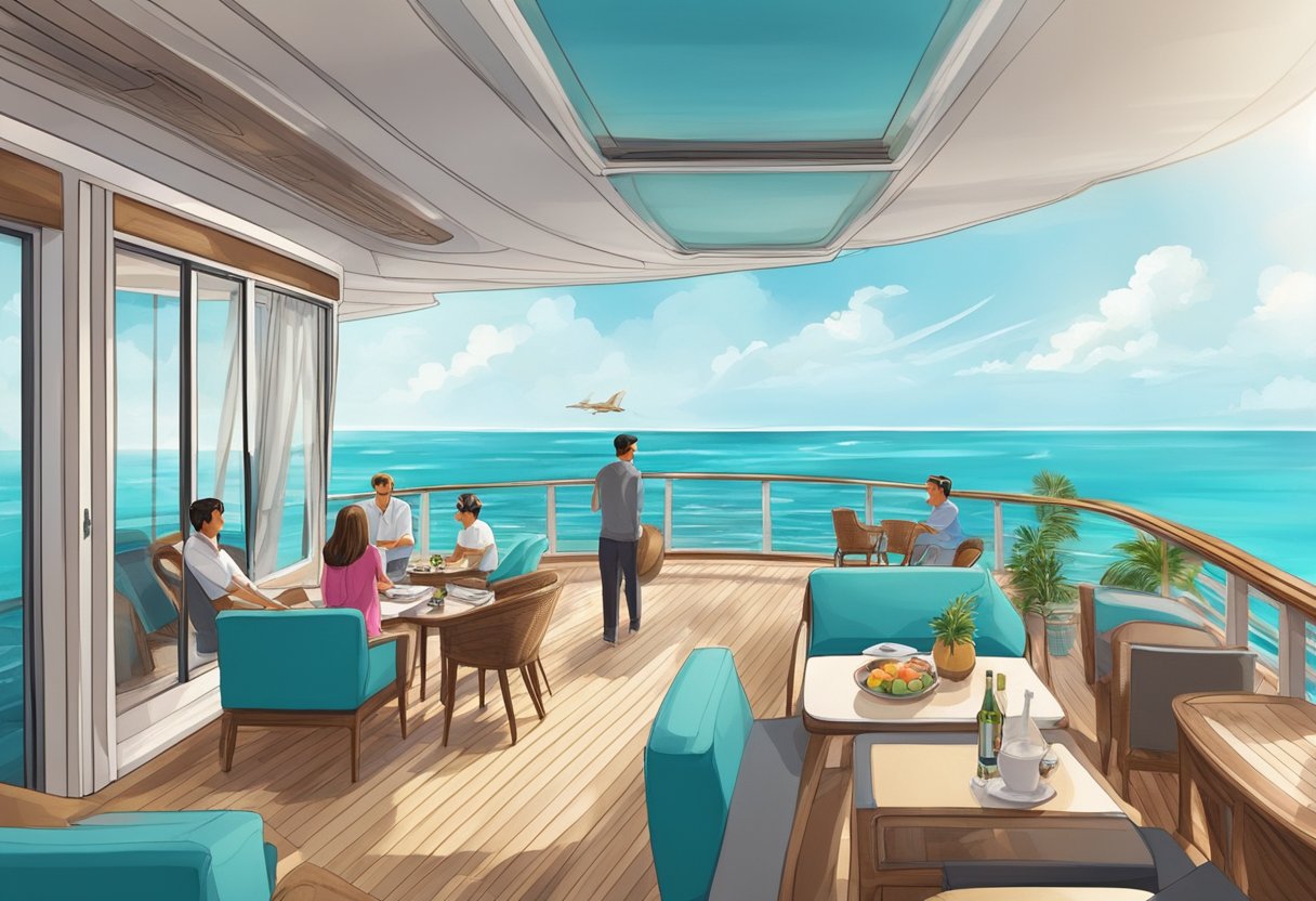 Passengers enjoy the view of turquoise waters and white sandy beaches from the deck of a luxurious cruise ship, as they sail from Singapore to the Maldives