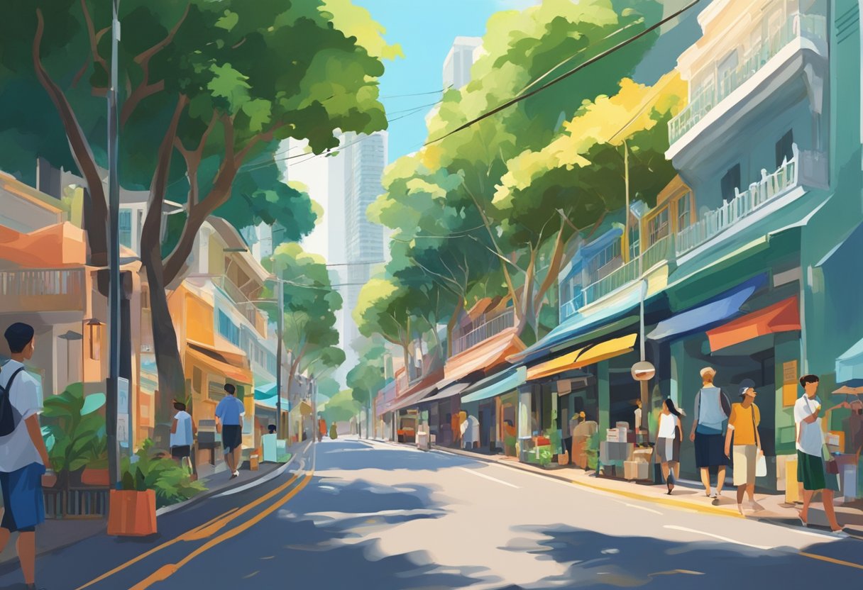 A bustling street with colorful shophouses and vibrant signage on Bukit Pasoh Road, Singapore. Tall trees line the road, casting dappled shadows on the pavement